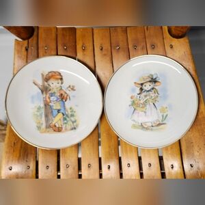 Japna Porcelain Plates with Gold Trim and Whimsical Illustrations